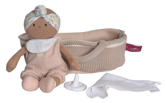 Carry Cot with Dark Skin Baby, Soother & Blanket